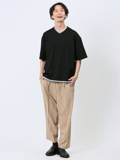 千鳥ジャガード フェイクVネック半袖Tシャツ