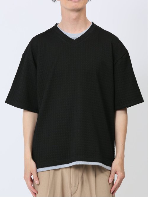 千鳥ジャガード フェイクVネック半袖Tシャツ