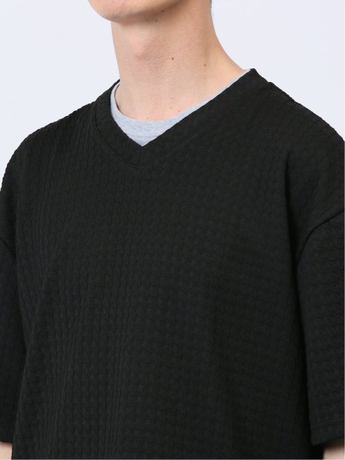 千鳥ジャガード フェイクVネック半袖Tシャツ