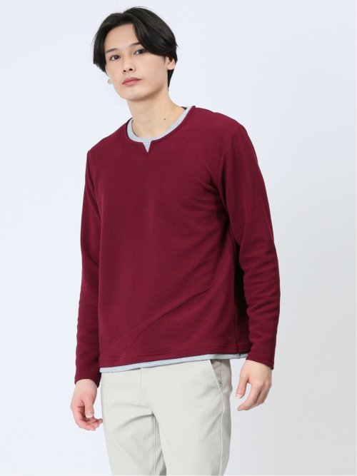 ふくれワッフル フェイクキーネック長袖Tシャツ