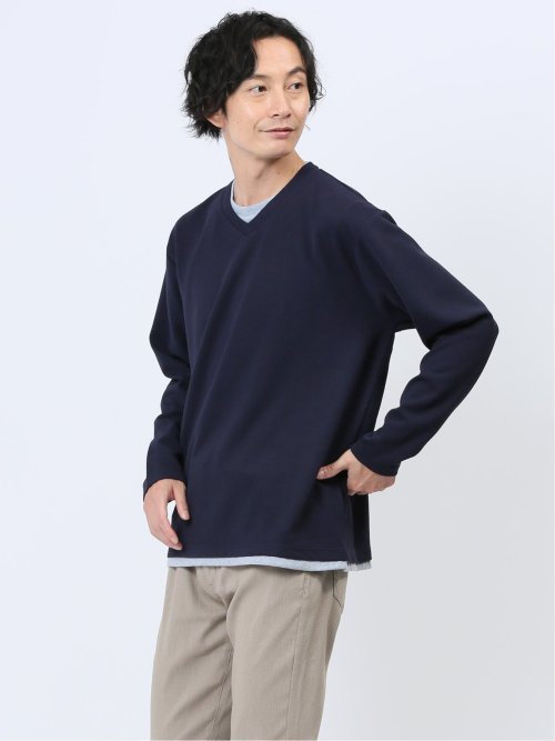 ダイアゴナル フェイクVネック長袖Tシャツ