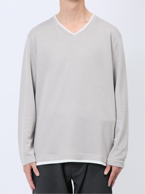 メランジジャガード フェイクVネック長袖Tシャツ