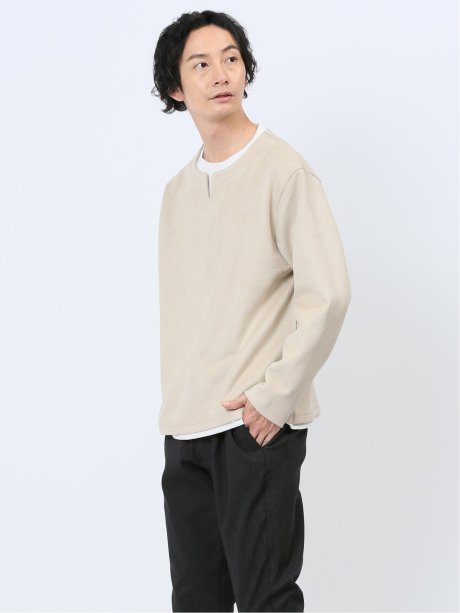 カットスエード フェイクキーネック長袖Tシャツ