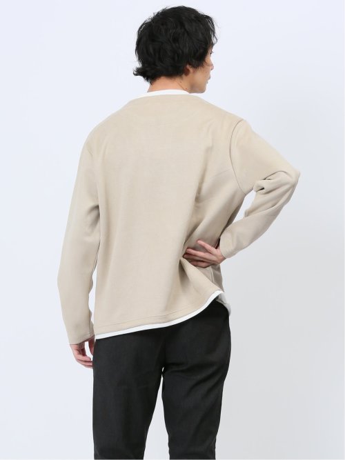 カットスエード フェイクキーネック長袖Tシャツ