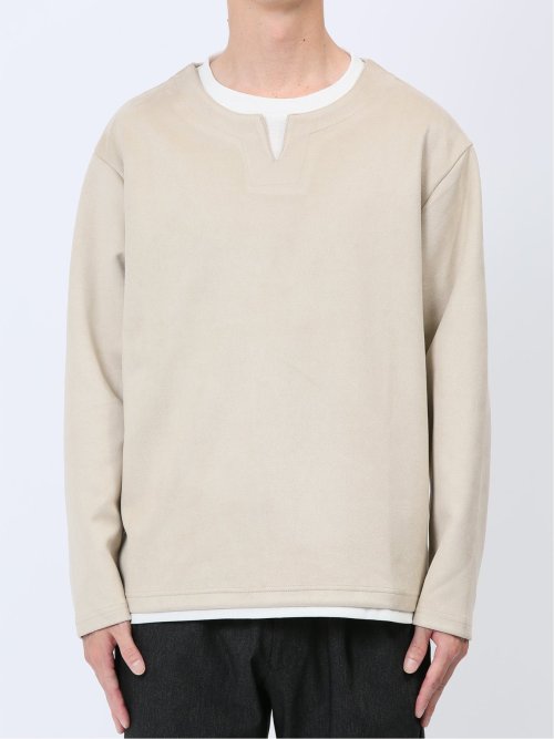 カットスエード フェイクキーネック長袖Tシャツ