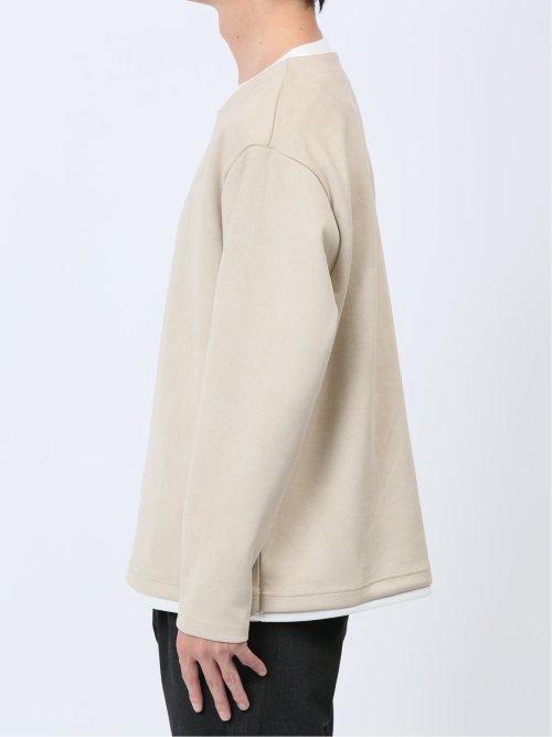 カットスエード フェイクキーネック長袖Tシャツ