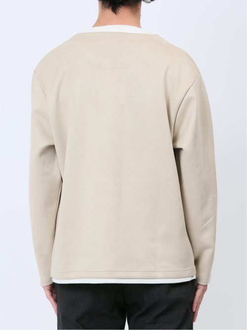 カットスエード フェイクキーネック長袖Tシャツ