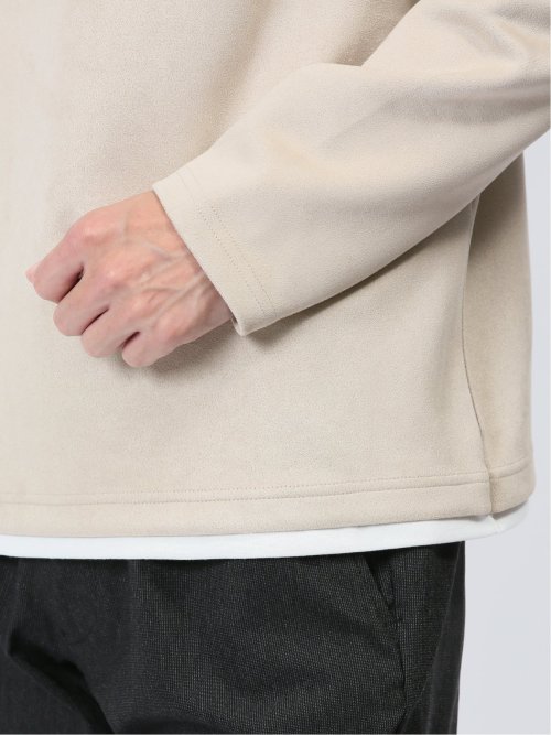 カットスエード フェイクキーネック長袖Tシャツ