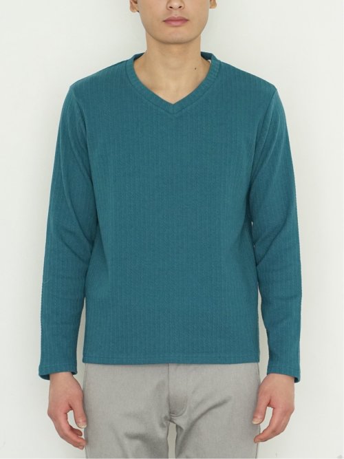 ふくれジャガード ケーブル柄 Vネック長袖Ｔシャツ