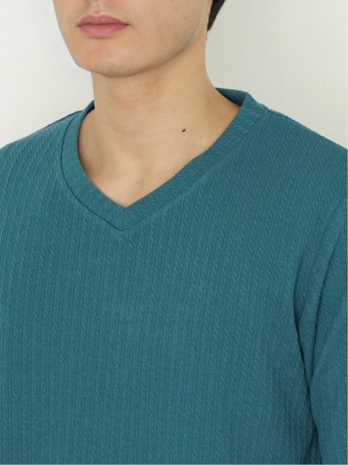 ふくれジャガード ケーブル柄 Vネック長袖Ｔシャツ