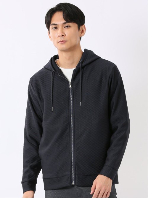 フルジップ パーカー メンズ 長袖 ストレッチ ハニカム ジャガード フーディー