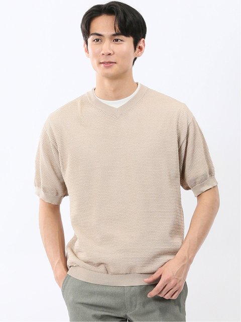 アンサンブル 2枚 セット メンズ 透かし編み Vネック プルオーバー & 半袖 Tシャツ ややゆったり ルーズ