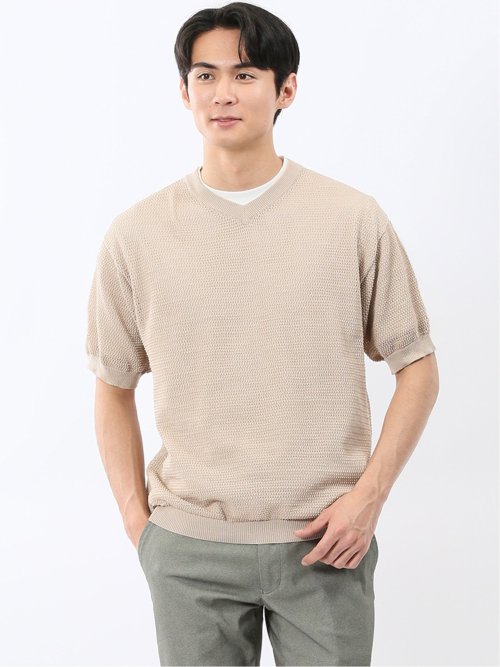 透かし編み Vネック プルオーバー & 半袖 Tシャツ アンサンブル