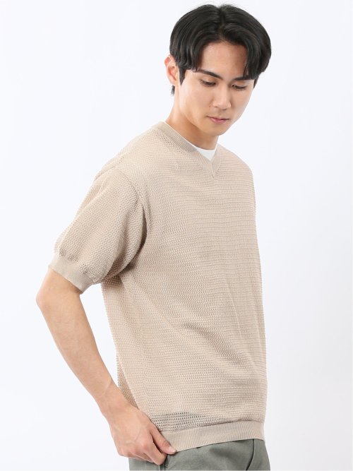 透かし編み Vネック プルオーバー & 半袖 Tシャツ アンサンブル