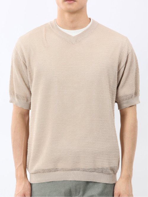 透かし編み Vネック プルオーバー & 半袖 Tシャツ アンサンブル