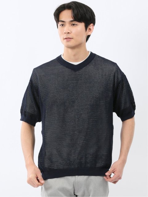 アンサンブル 2枚 セット メンズ 透かし編み Vネック プルオーバー & 半袖 Tシャツ ややゆったり ルーズ