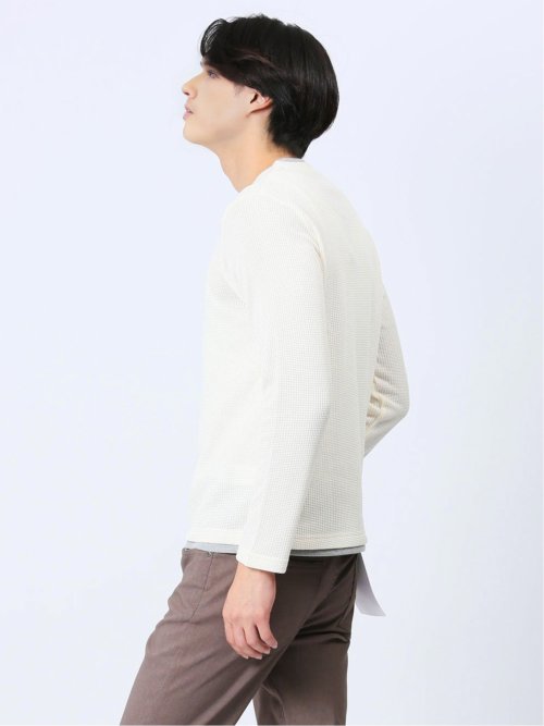 ワッフル裏起毛 フェイクVネック長袖Tシャツ