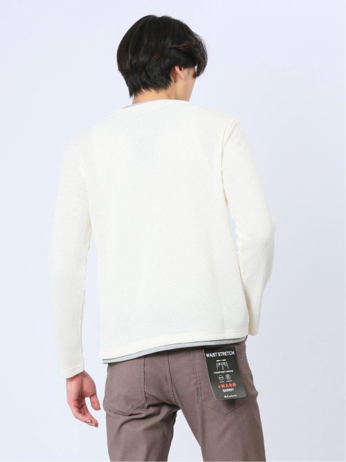 ワッフル裏起毛 フェイクVネック長袖Tシャツ