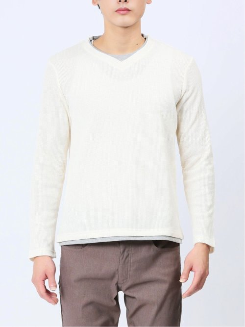 ワッフル裏起毛 フェイクVネック長袖Tシャツ