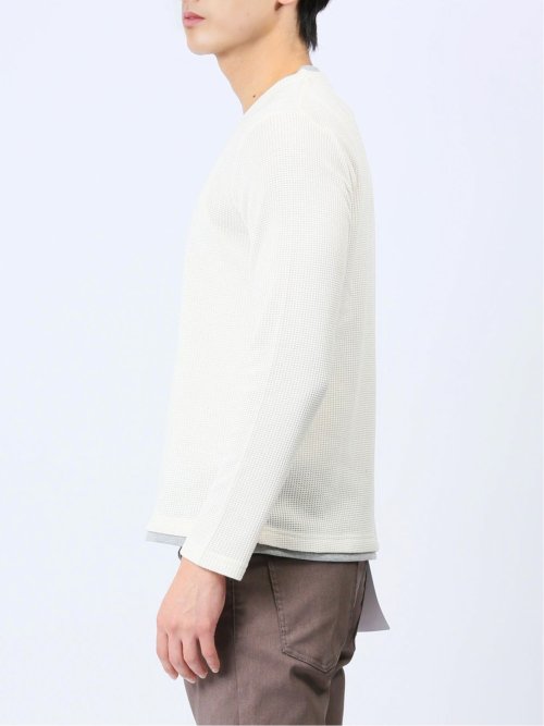 ワッフル裏起毛 フェイクVネック長袖Tシャツ