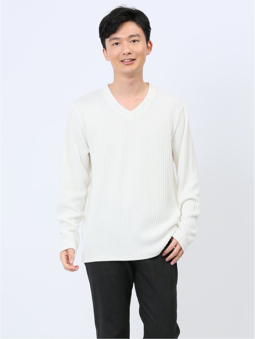 ふくれストライプ Vネック長袖Tシャツ(M 01白): トップス | TAKA-Q  