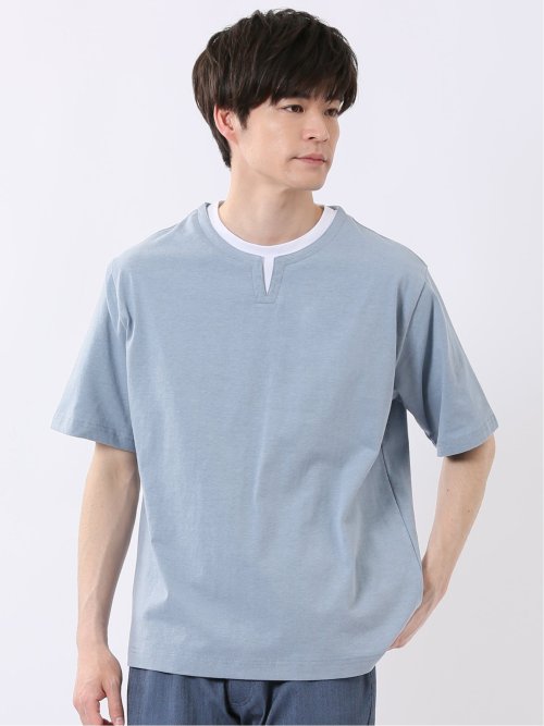ダブルフェイス 天竺 キーネック 半袖 Tシャツ(M 73サックス