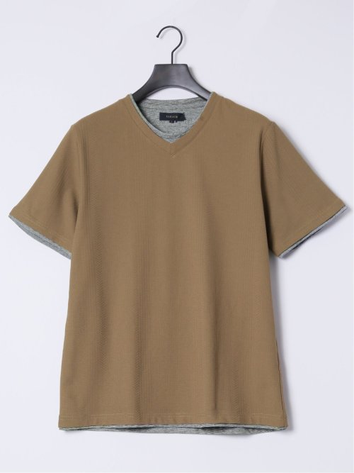 リンクス縦柄 フェイクVネック半袖Tシャツ