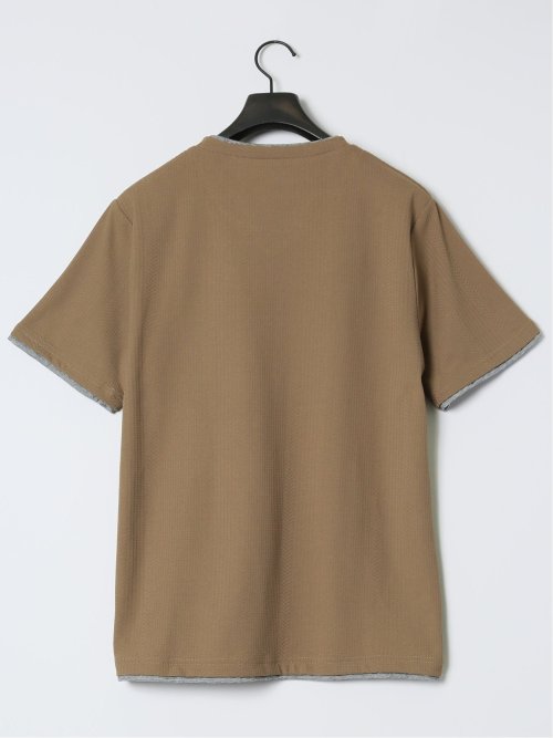 リンクス縦柄 フェイクVネック半袖Tシャツ