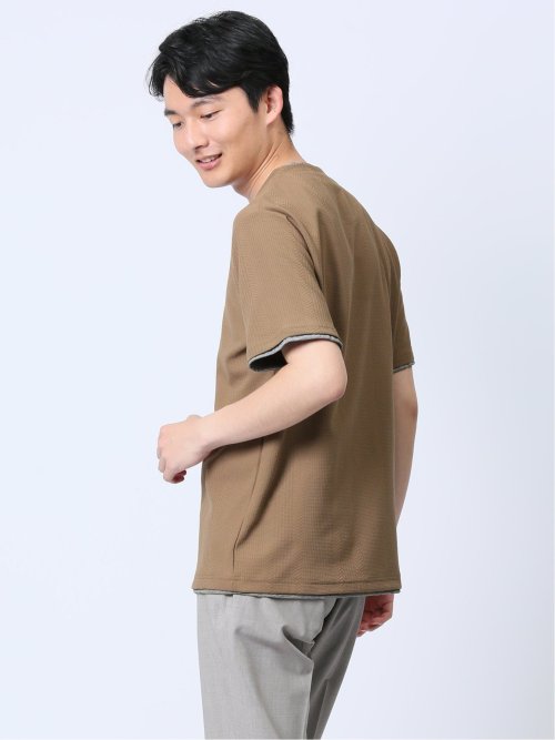 リンクス縦柄 フェイクVネック半袖Tシャツ