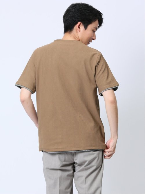 リンクス縦柄 フェイクVネック半袖Tシャツ