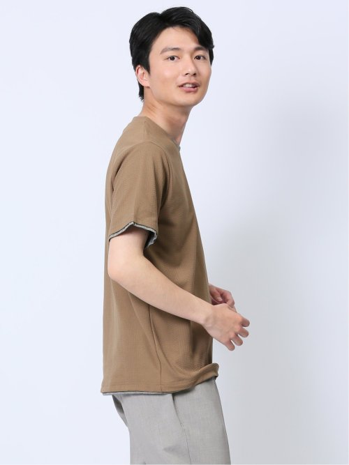 リンクス縦柄 フェイクVネック半袖Tシャツ