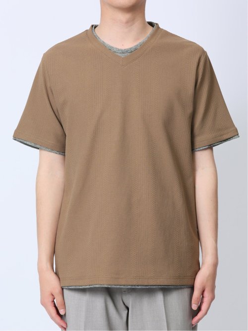 リンクス縦柄 フェイクVネック半袖Tシャツ(M 33ベージュ): トップス