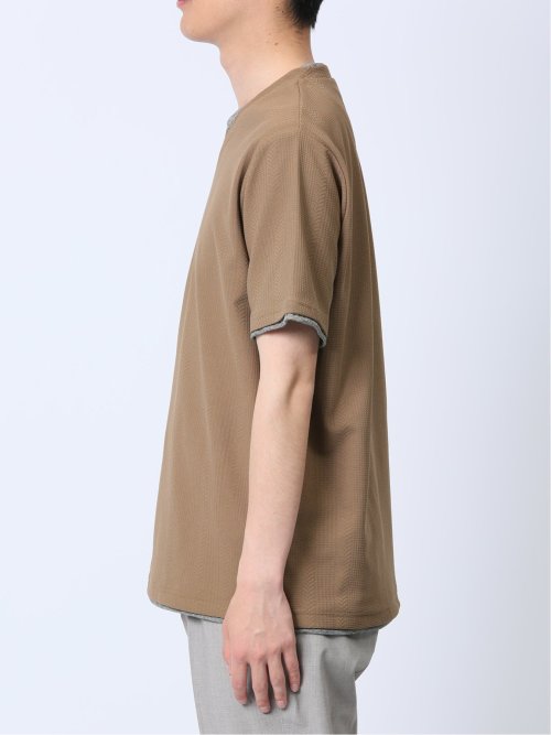 リンクス縦柄 フェイクVネック半袖Tシャツ