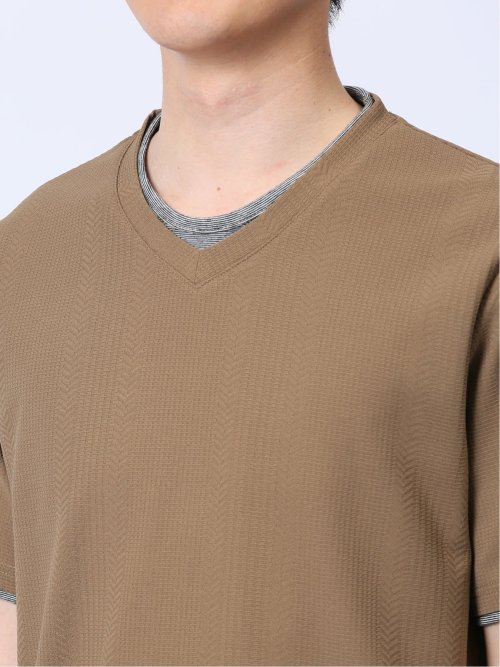 リンクス縦柄 フェイクVネック半袖Tシャツ