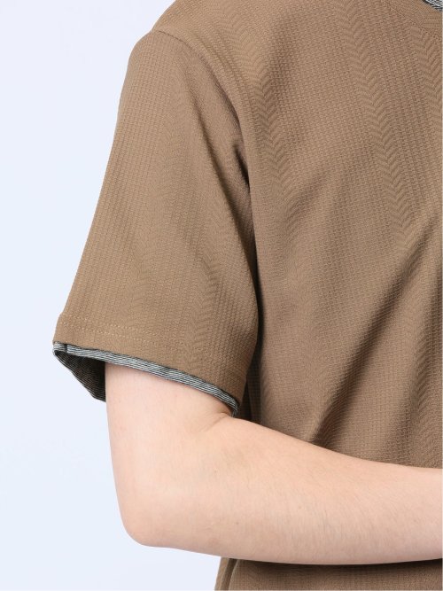 リンクス縦柄 フェイクVネック半袖Tシャツ