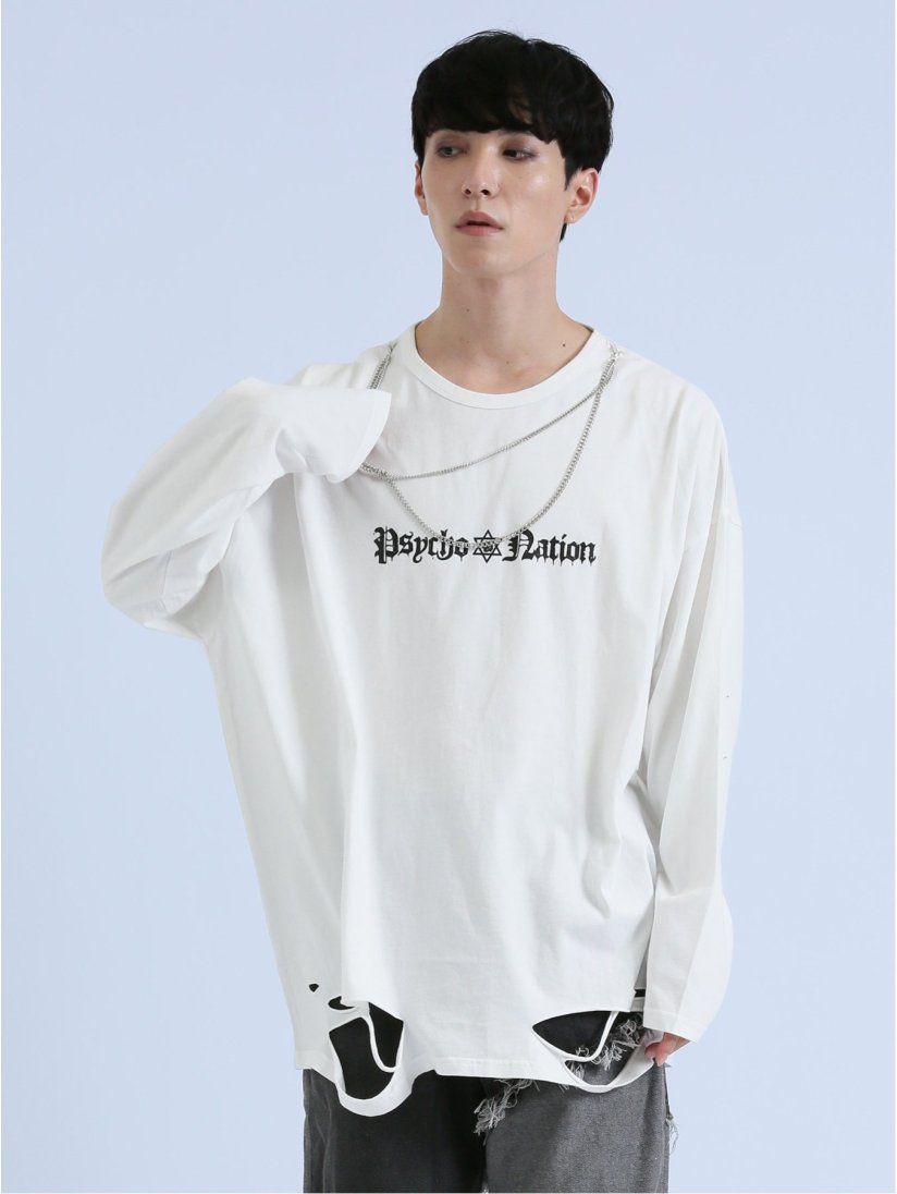 SD×PSYCHONATION チェーンアイコンダメージ クルー長袖Tシャツ(M 01白 
