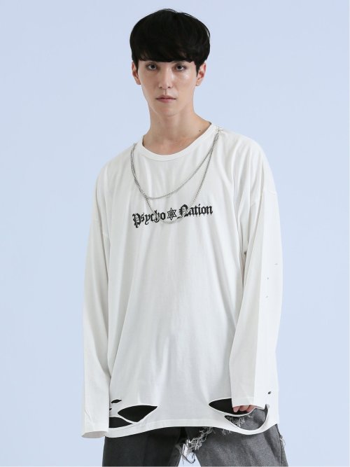 SD×PSYCHONATION チェーンアイコンダメージ クルー長袖Tシャツ