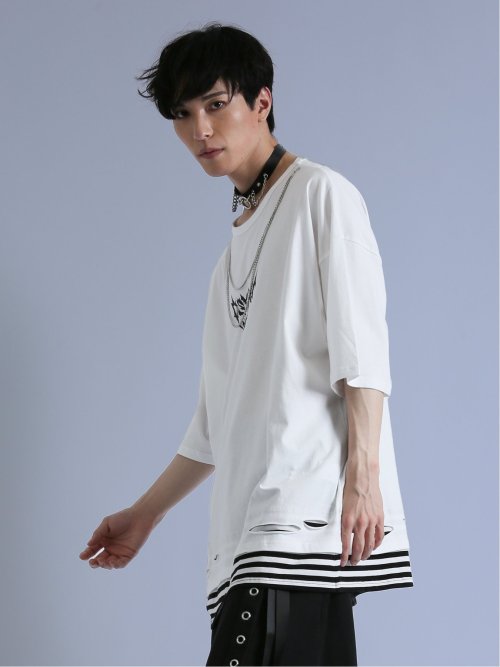 SD×PSYCHONATION フェイクレイヤード ダメージ クルー半袖BIGTシャツ