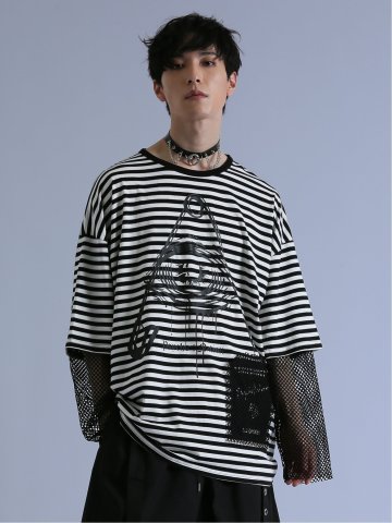 SD×PSYCHONATION フェイクレイヤード メッシュ クルー長袖BIGTシャツ