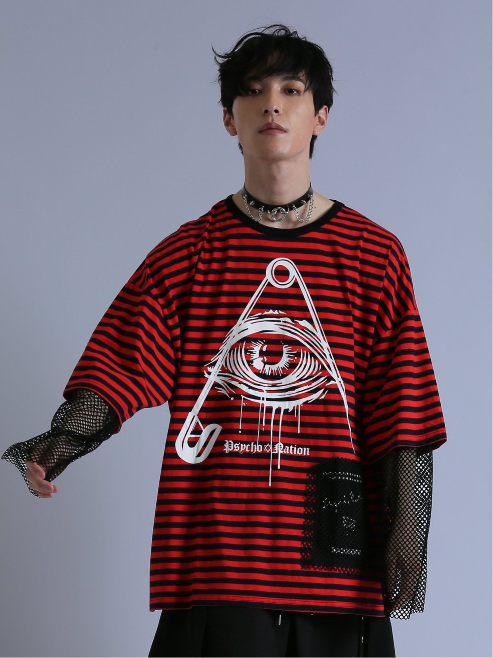 SD×PSYCHONATION フェイクレイヤード メッシュ クルー長袖BIGTシャツ