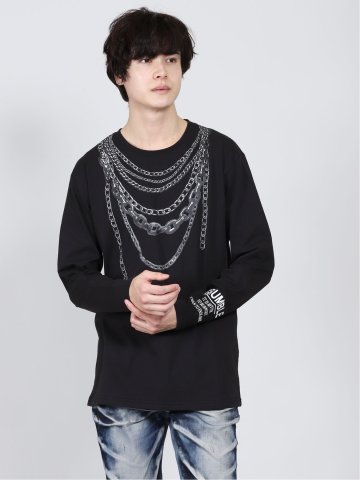 ネックレスプリント クルーネック長袖ゆるTシャツ
