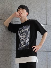フェイクレイヤード クルーネック半袖ルーズTシャツ(M 05黒): トップス 