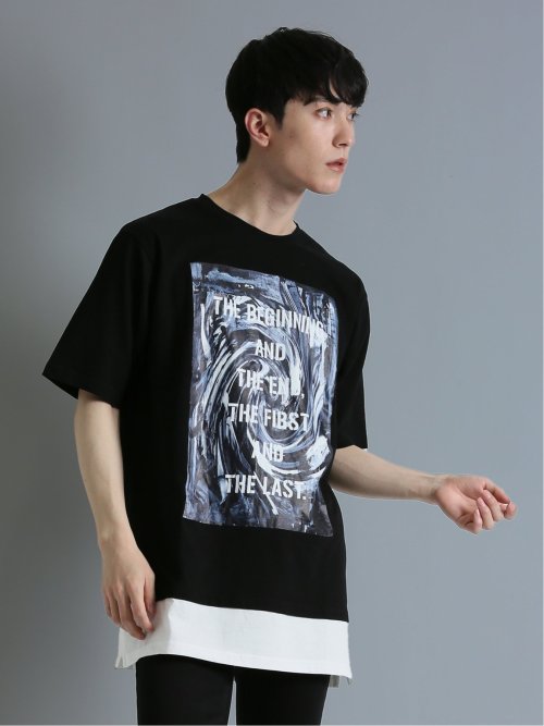 フェイクレイヤード クルーネック半袖ルーズTシャツ(M 05黒): トップス