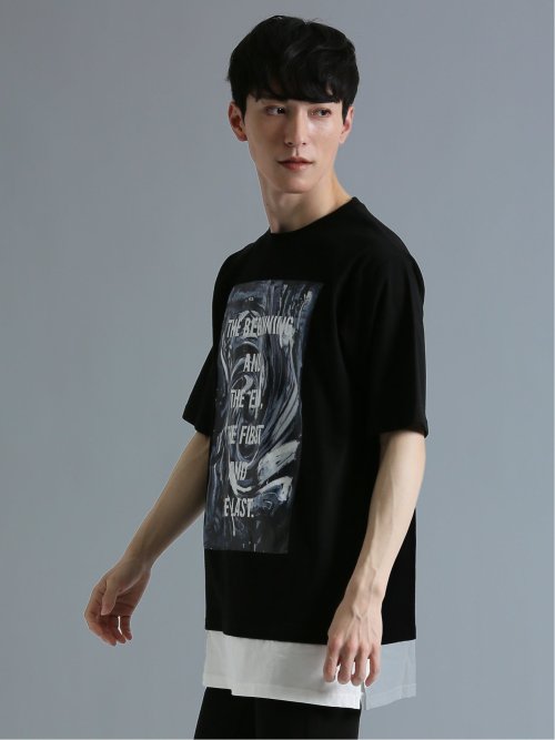 フェイクレイヤード クルーネック半袖ルーズTシャツ(M 05黒): トップス