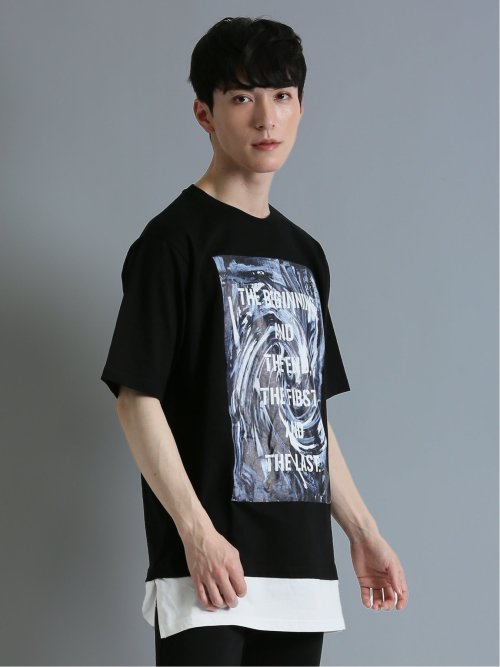 フェイクレイヤード クルーネック半袖ルーズTシャツ(M 05黒): トップス