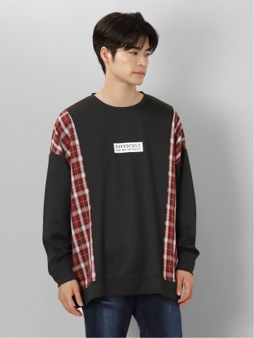 チェック切替 クルーネック 長袖BIGプルオーバー