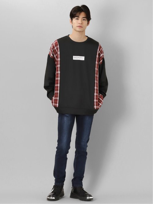 チェック切替 クルーネック 長袖BIGプルオーバー
