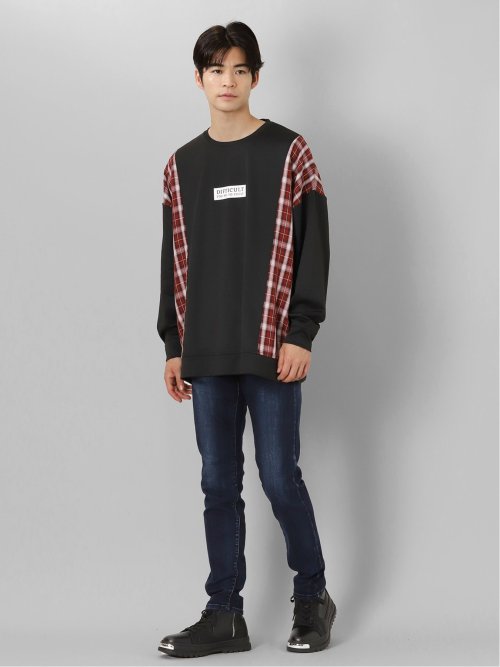チェック切替 クルーネック 長袖BIGプルオーバー