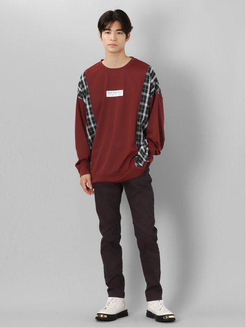 チェック切替 クルーネック 長袖BIGプルオーバー