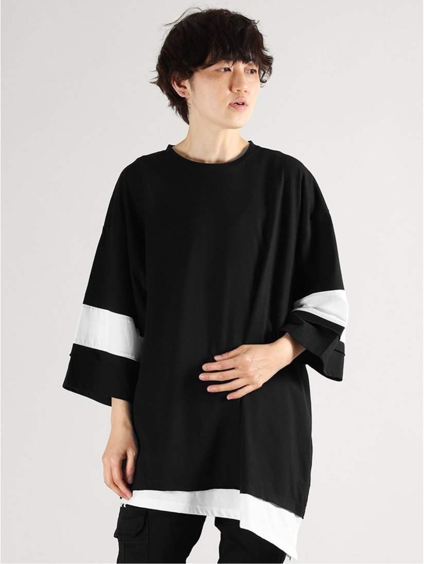 フェイクレイヤード ライン入り 7分袖ルーズtシャツ M 05黒 トップス Taka Q Online Shop タカキューオンラインショップ 公式通販